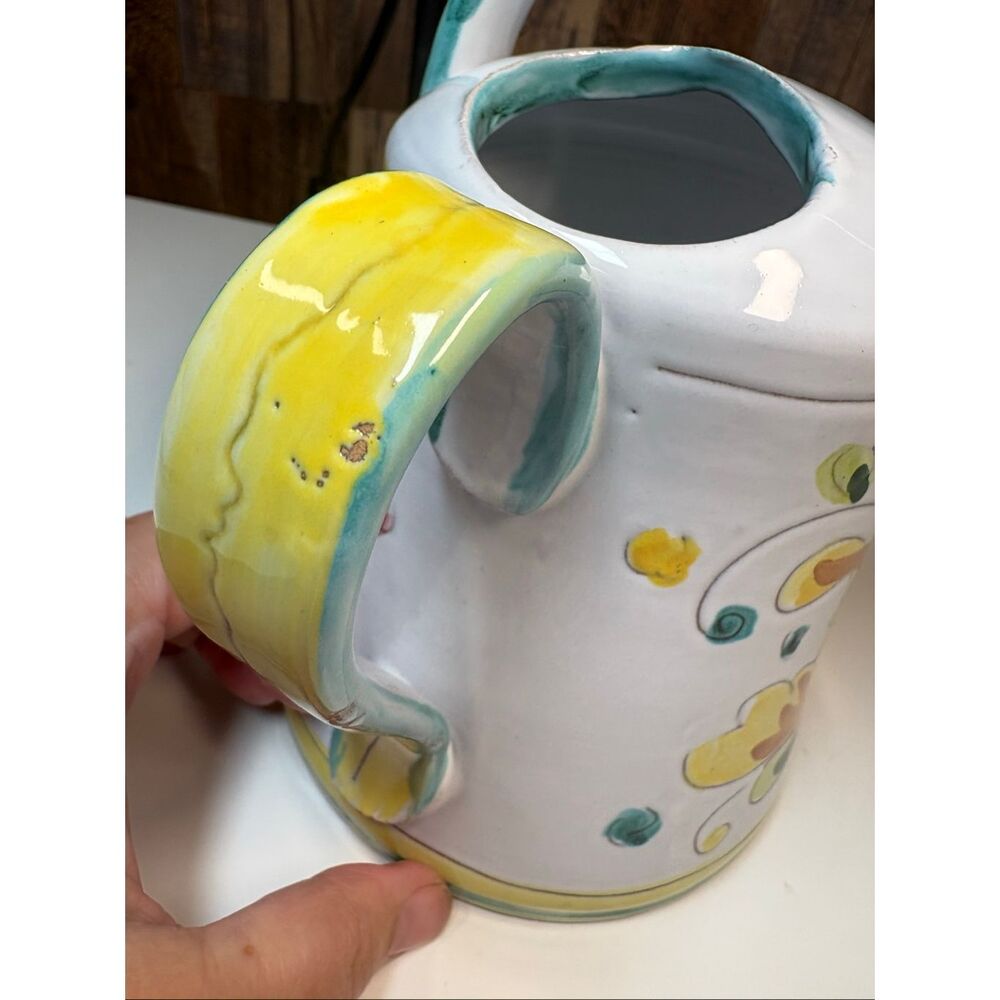 Made in Italy Hand Painted Ceramic Watering Can Floral Garden Decor Pitcher Vase - Picture 3 of 5